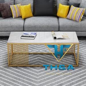 Bàn sofa inox chữ nhật mạ vàng gương mặt đá KBT0161