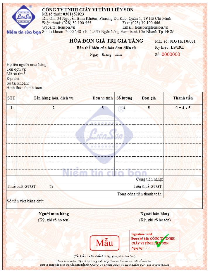 Hóa đơn GTGT đơn ngữ