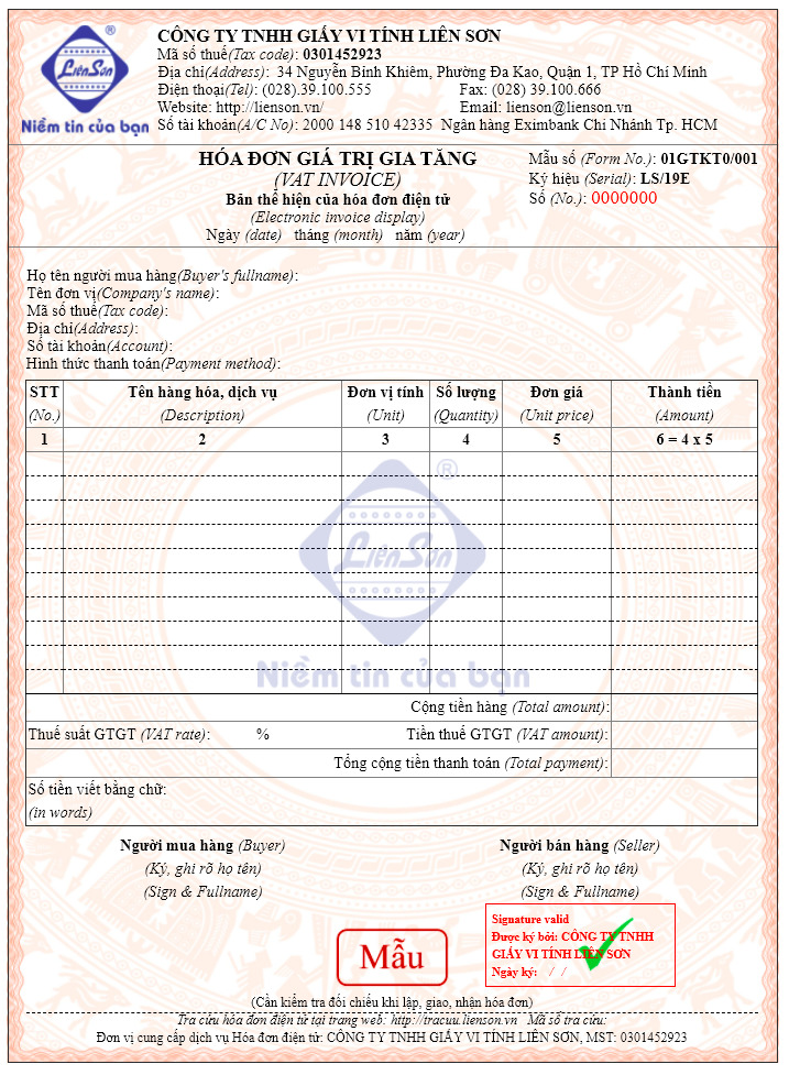 Hóa đơn GTGT song ngữ