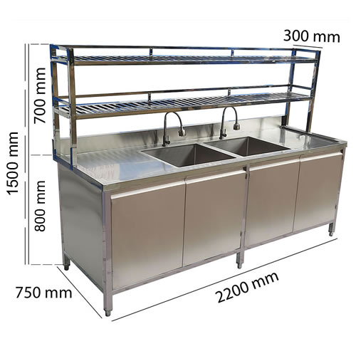 Tủ inox 2 bồn rửa tay kê trên