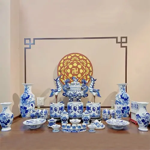 Bộ đồ thờ men lam Bát Tràng mẫu DTBT-001