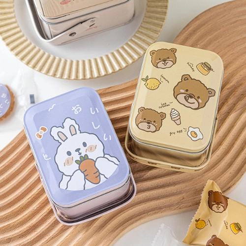Hộp thiếc đựng bánh kẹo gấu thỏ hình chữ nhật