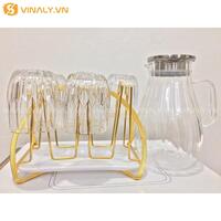 Ly thủy tinh bầu sọc nhỏ viền vàng